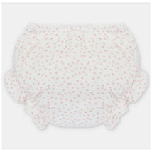 White baby girl bloomer with pink star patterns and ruffled edges, designed for comfort and style.