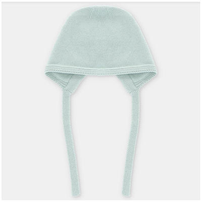 Baby knit bonnet in Edmonton Blue, featuring ear flaps and ties for secure fit. Soft, pastel-colored knit texture.