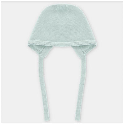 Pastel blue baby knit bonnet with ties, soft texture, designed for infants, showcasing simple and cozy style.