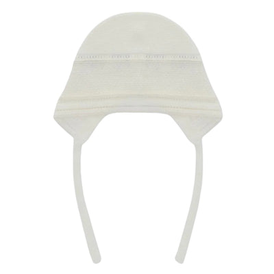 Baby Knit Bonnet Firenze in off-white color, featuring a soft texture and tied straps for secure fit.