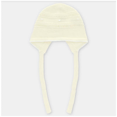 Knit baby bonnet in white with decorative stitching and ties, designed for warmth and style.