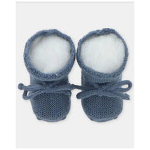 Baby knit booties in blue-grey with a soft white lining and bow detail, designed for infants.