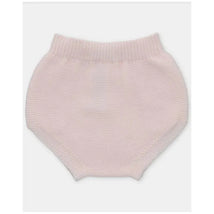 Light pink knitted baby bloomer with a stretchy waistband and ribbed texture, ideal for comfortable wear.