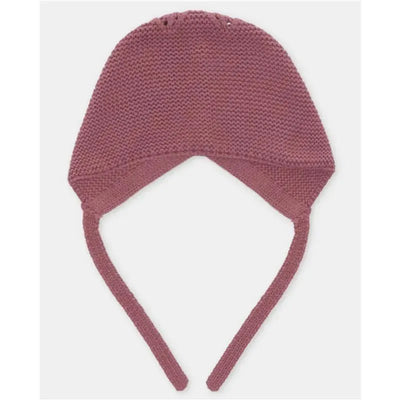 Basic knit bonnet in plum color, featuring ear flaps and adjustable ties for securing under the chin.