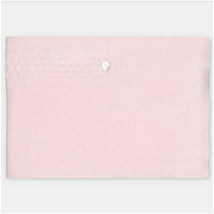 Cotton blend blanket in pastel blue with textured knit pattern and decorative button detail.