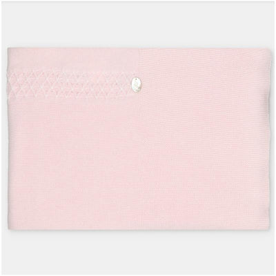 Cotton blend blanket in pastel blue with textured knit pattern and decorative button detail.