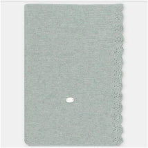 Blanket in sweater knit cotton blend, Pravia sage, featuring a scalloped edge and a small metallic logo.