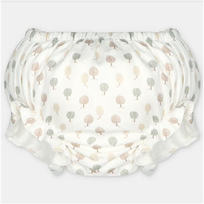 Woven bloomer in Aller Beige featuring a soft fabric with a playful tree pattern in muted colors.