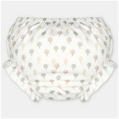 Woven fabric bloomer in Aller Beige with a whimsical tree pattern in soft colors.