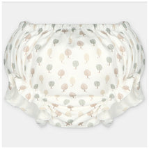 Woven fabric bloomer featuring a pattern of small trees in muted colors on a light background.
