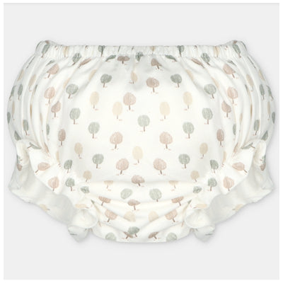 Woven fabric bloomer featuring a pattern of small trees in muted colors on a light background.