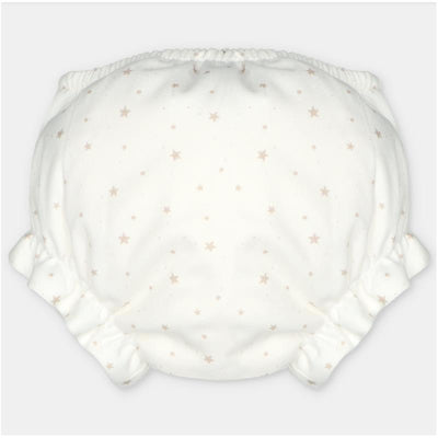 Woven fabric bloomer in Onis Beige with a light background and small star patterns, featuring gathered elastic edges.