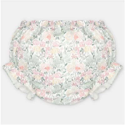 Woven fabric bloomer in Pravia Green with a floral pattern featuring roses and various small flowers.