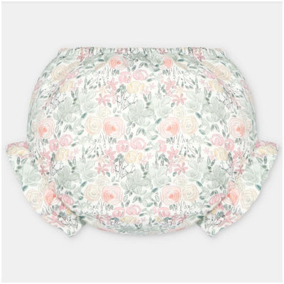 Woven fabric bloomer in Pravia Green featuring a floral pattern with roses and foliage in pastel colors.