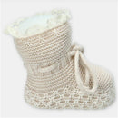 Sweater knit cotton blend bootie with a lace trim and bow detail, designed for comfort and style.