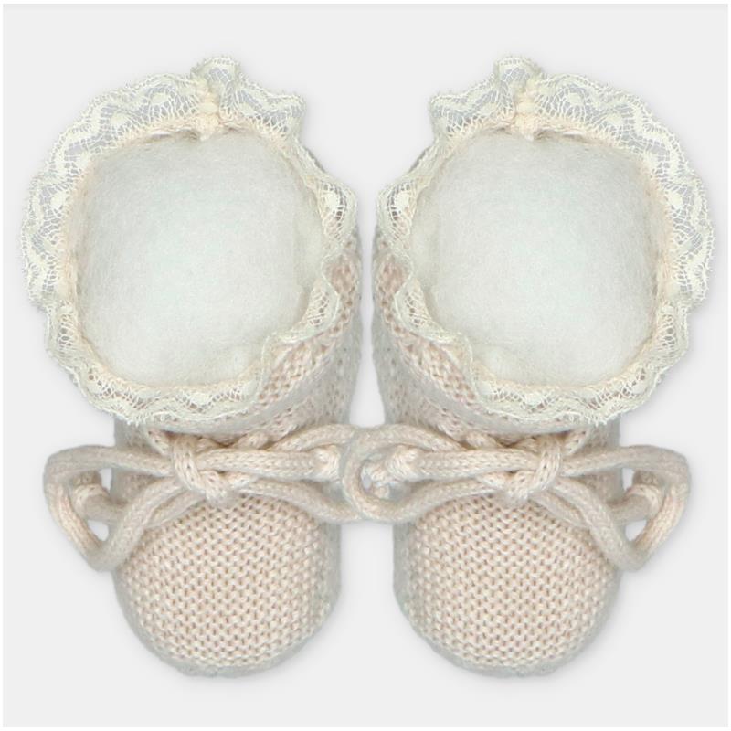 Martin Aranda booties in a sweater knit cotton blend, featuring soft lace trim and a cozy design for infants.