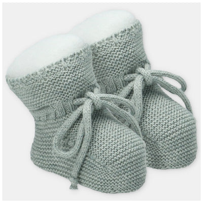 Martin Aranda booties in a soft gray sweater knit cotton blend with white cushioned tops and tied bows.