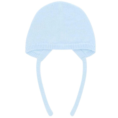 Light blue Draylon knit bonnet with long ties, designed for warmth and comfort. Suitable for infants.