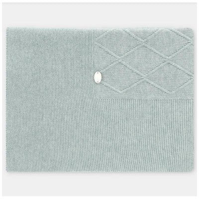Dusty rose Draylon sweaterknit blanket with a textured diamond pattern and a decorative button detail.