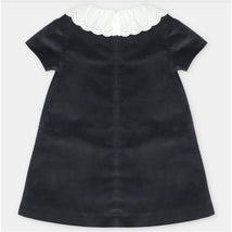 Martin Aranda Dress in woven black fabric featuring a decorative white scalloped collar and short sleeves.