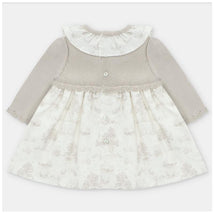 Knit/woven mix dress in Newport and Stone colors, featuring a ruffled collar and button closures on the back.