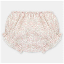 White and rose floral separate bloomer with ruffled edges, designed for children.