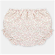 White and rose floral-patterned separate bloomer with ruffled edges, designed for children.