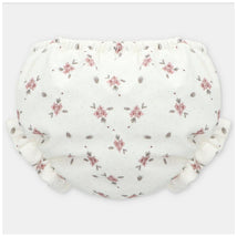 White bloomers with floral print, featuring pink flowers and ruffle trim on the leg openings.