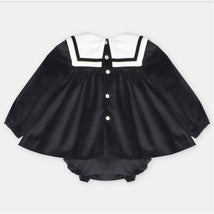 Velvet dress and bloomer set in Pesoz Black, featuring a white sailor collar and button closure at the back.