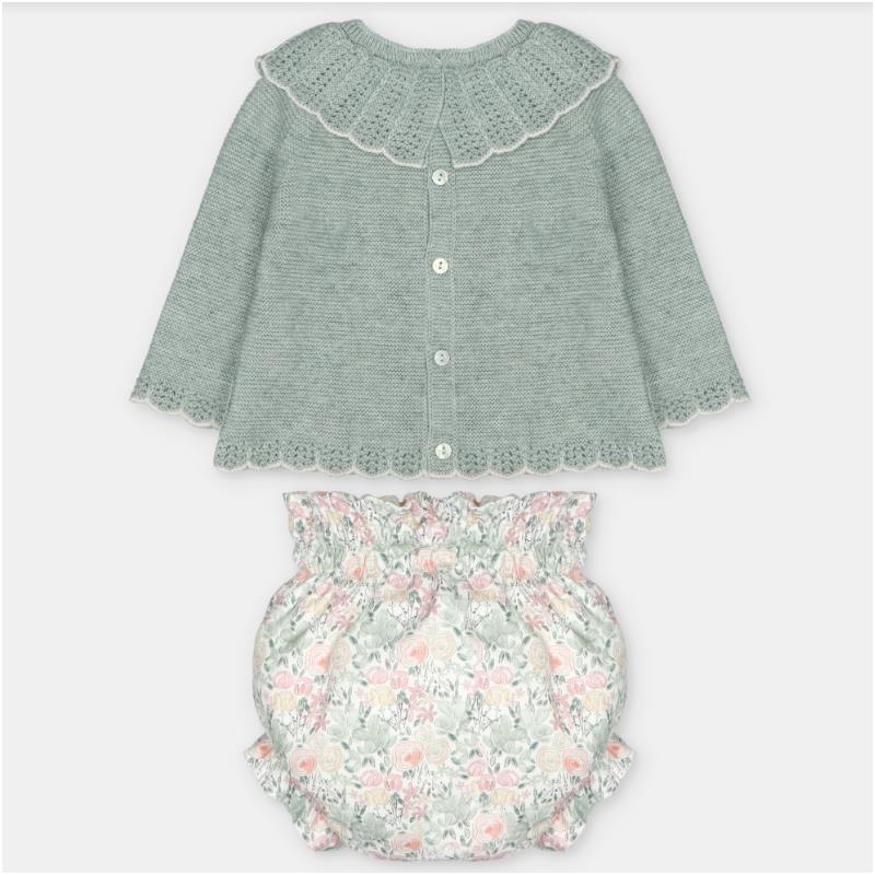 Martin Aranda sweater and bloomer set featuring a green knit sweater with a scalloped collar and floral patterned bloomers.
