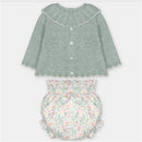 Martin Aranda sweater and bloomer set featuring a green knit sweater with a scalloped collar and floral patterned bloomers.