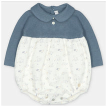 Martin Aranda short romper in sweater knit and fabric mix, featuring long sleeves, a collared neck, and a printed lower section.