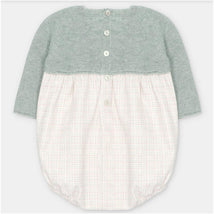 Martin Aranda short romper made of sweater knit and fabric mix in Pravia Sage, featuring a buttoned back and a gingham bottom.