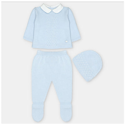 Light blue sweater knit cotton blend outfit set, featuring a top with a white collar, matching pants, and a hat.