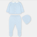 Light blue cotton blend baby outfit consisting of a button-up sweater, matching pants, and a decorative hat.
