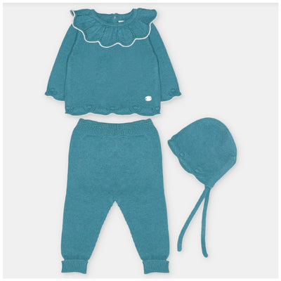 Take Me Home In Sweater Knit Cotton Blend set in Navia, featuring a teal sweater, matching pants, and a bonnet.
