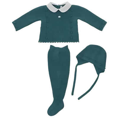 Martin Aranda - Take Me Home Set Petit Flowers Sweater, Leggins & Bonnet, Green Image 1
