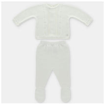 Knit sweater and leggings set in off-white, featuring textured patterns and footed pants. Suitable for infants.