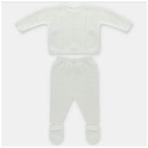 Knit set featuring a white cardigan with buttons and matching leggings with footed design.