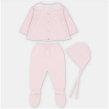 Sweater knit cotton set in baby pink, featuring a button-up top, leggings with feet, and a matching bonnet.
