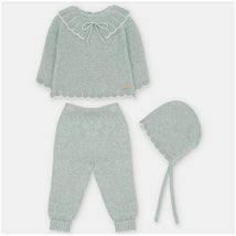Sweater knit cotton set in Pravia Sage, featuring a top, leggings with feet, and a matching bonnet.