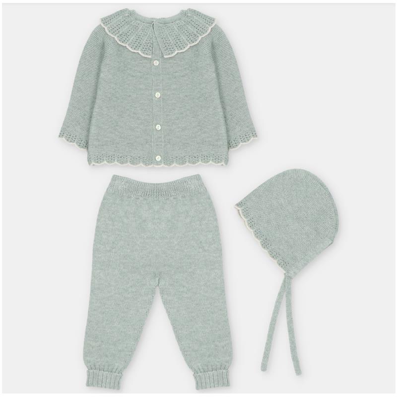 Martin Aranda Top, Leggings With Feet & Bonnet In Sweater Knit Cotton Set Blend, Pravia Sage