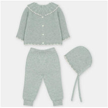 Sweater knit cotton set in Pravia Sage, featuring a button-up cardigan, leggings with feet, and a matching bonnet.