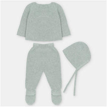 Sweater knit cotton set in Pravia Sage, featuring a top, leggings with feet, and a bonnet.