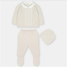 Sweater knit cotton set in Aller Beige, featuring a collared top, footed leggings, and a matching hat.