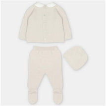 Sweater knit cotton set in Aller Beige, featuring a long-sleeve cardigan, leggings with feet, and a matching hat.