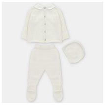 Sweater knit cotton set in Amieva Blue Grey, featuring a button-up cardigan, leggings with feet, and a matching hat.