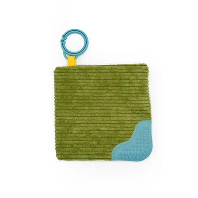 Green crinkle baby teether with a textured blue corner and a clip for attaching, designed for sensory stimulation.