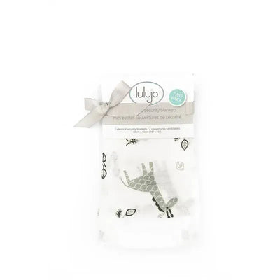 Cotton muslin security blankets in a pack of two, featuring a giraffe design and packaged with a ribbon.