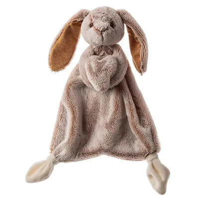 Tan Silky Bunny Lovey featuring a soft, plush bunny head and heart-shaped body, ideal for comforting infants.
